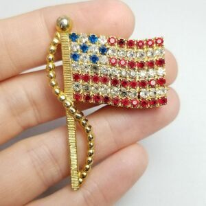 Vintage Rhinestone American Flag Shape Brooch, Red White Blue Gold Tone, Estate